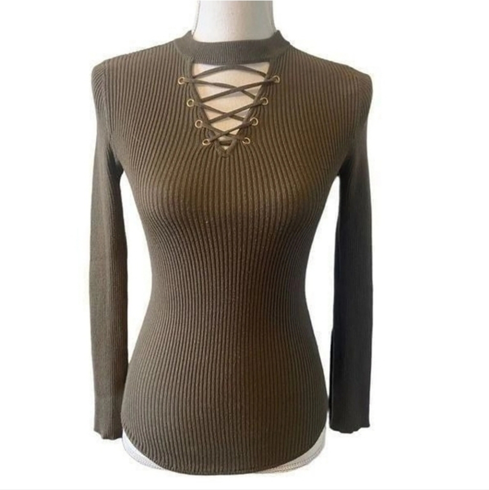 Vintage Y2K Ribbed knit Olive green lace up high neck sweater Lightweight 3X